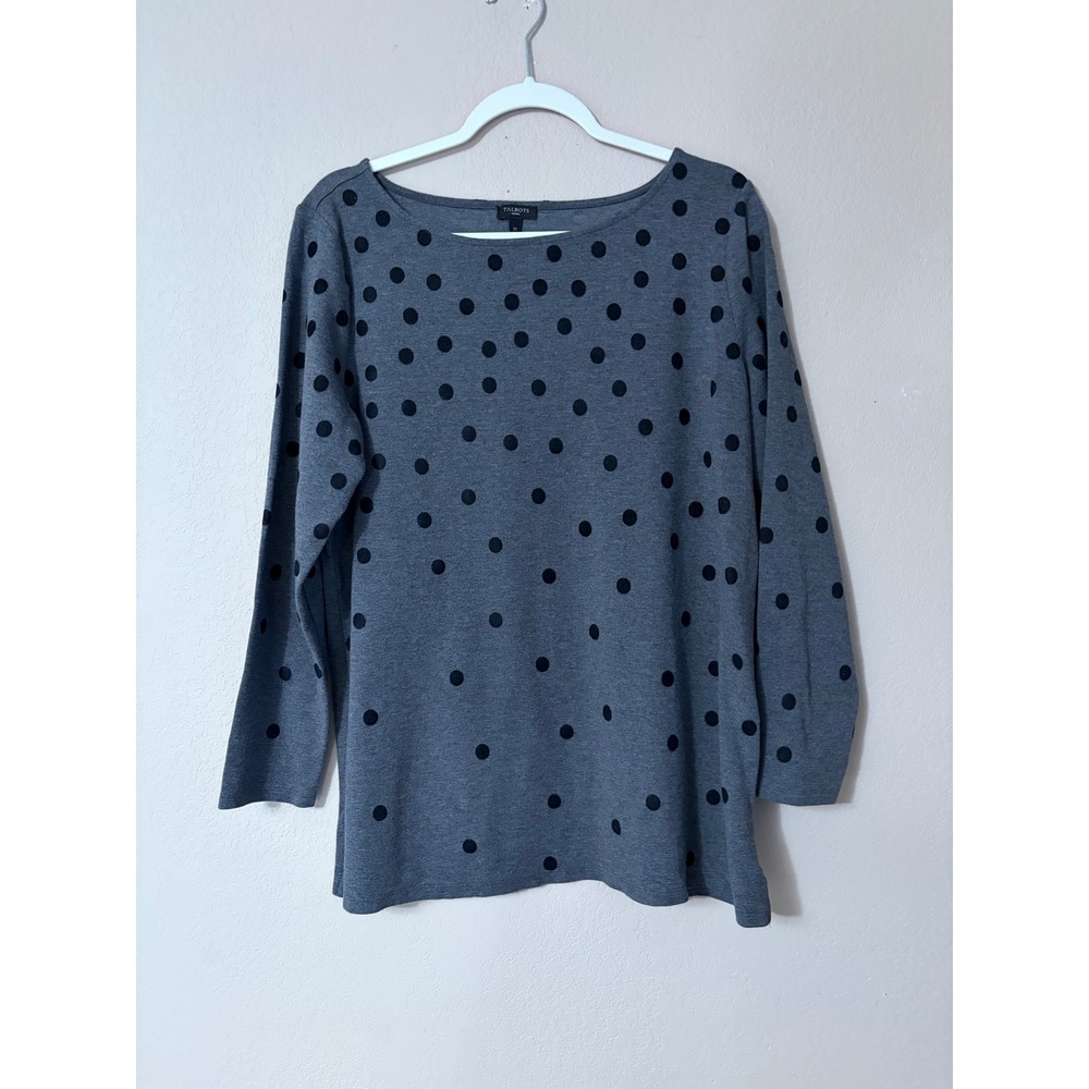Talbots Woman Gray Black Polka Dot Knit Top Boat Neck Long Sleeve 1X‎